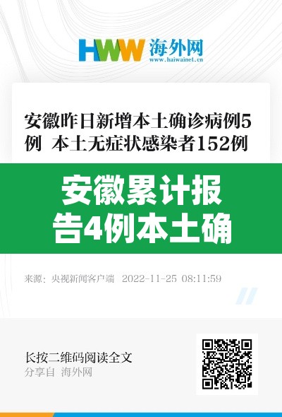 安徽累计报告4例本土确诊病例:安徽本土病例1例
