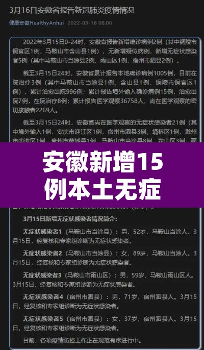安徽新增15例本土无症状：安徽新增无症状感染者病例